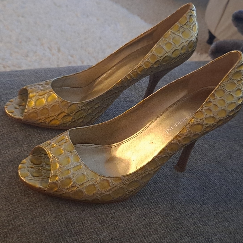 Gold open toe heels